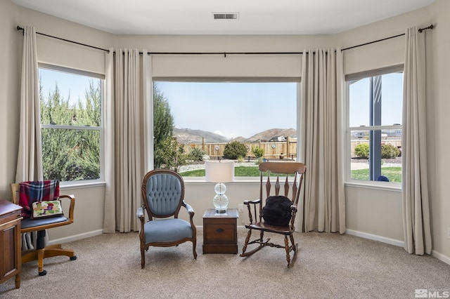 sitting room with carpet floors, baseboards, a mountain view, and a wealth of natural light