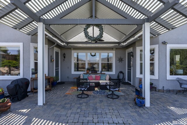 view of patio / terrace featuring a pergola, area for grilling, and outdoor lounge area