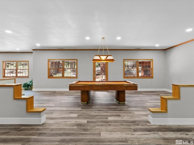 playroom with pool table, baseboards, recessed lighting, and wood finished floors
