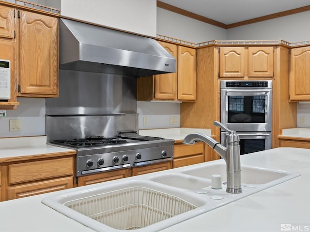 kitchen with crown molding, appliances with stainless steel finishes, a sink, light countertops, and wall chimney exhaust hood