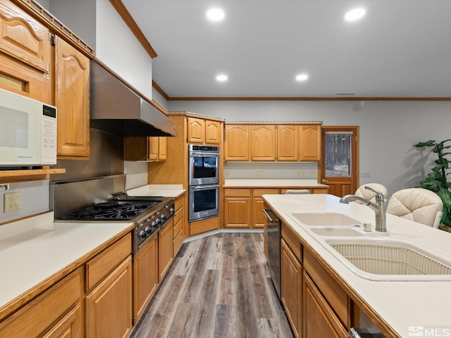 kitchen with a sink, dark wood finished floors, stainless steel appliances, recessed lighting, and ornamental molding