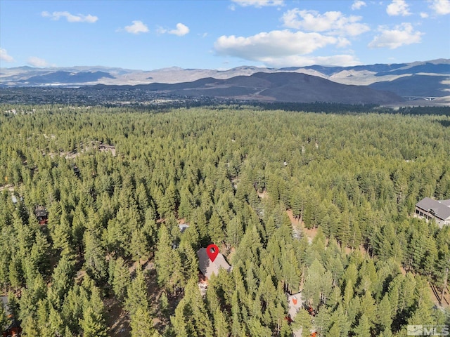 aerial view with a mountain view and a wooded view