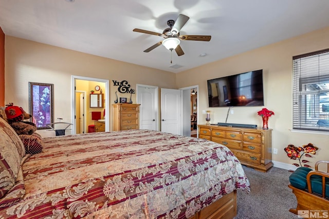 bedroom with carpet floors, a ceiling fan, baseboards, and visible vents