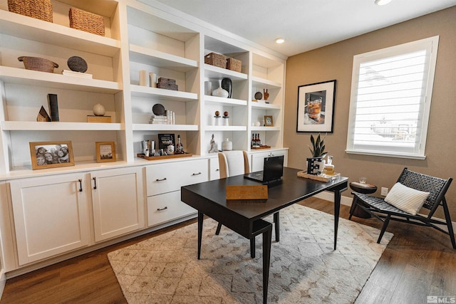 office area with recessed lighting and wood finished floors