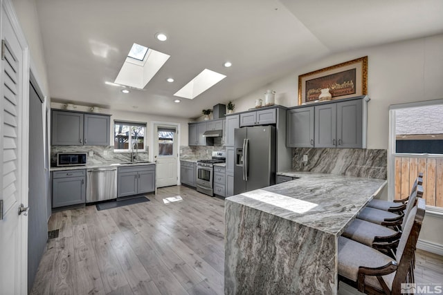 kitchen with appliances with stainless steel finishes, a sink, gray cabinets, a peninsula, and lofted ceiling with skylight