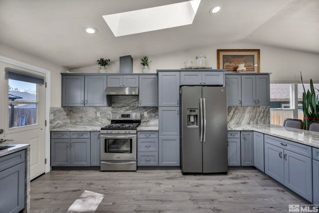 kitchen with decorative backsplash, appliances with stainless steel finishes, under cabinet range hood, and vaulted ceiling with skylight