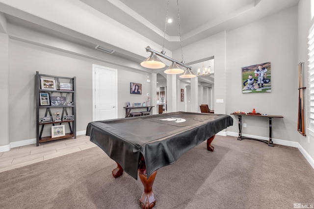 playroom with pool table, baseboards, a tray ceiling, and visible vents