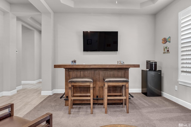 bar with a raised ceiling, a dry bar, and baseboards