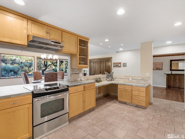 kitchen with light brown cabinetry, tasteful backsplash, under cabinet range hood, and electric range