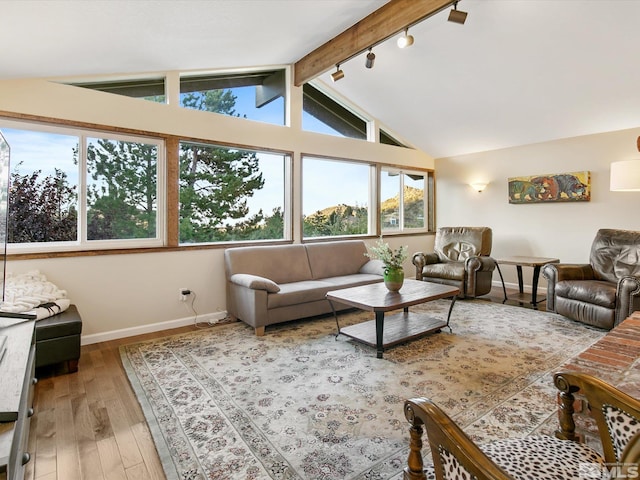 living room featuring baseboards, vaulted ceiling with beams, and hardwood / wood-style flooring