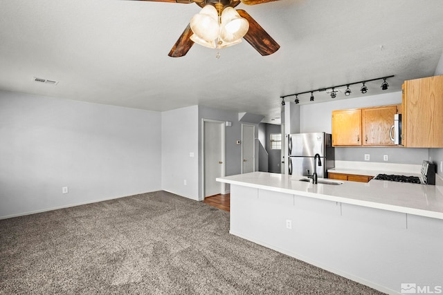 kitchen with a ceiling fan, a peninsula, dark colored carpet, a sink, and stainless steel appliances