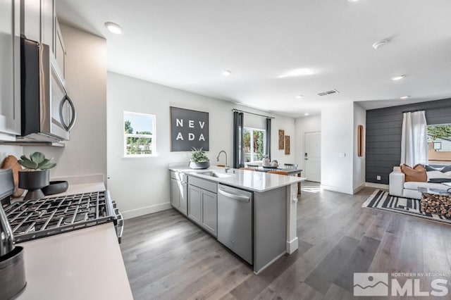 kitchen featuring plenty of natural light, a sink, a peninsula, and stainless steel appliances