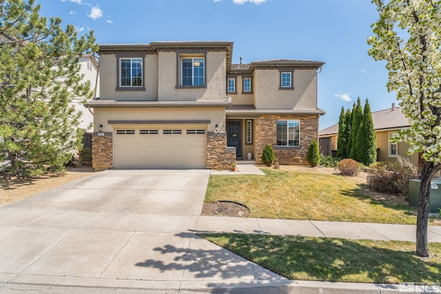 prairie-style home with an attached garage, a front lawn, stone siding, and concrete driveway