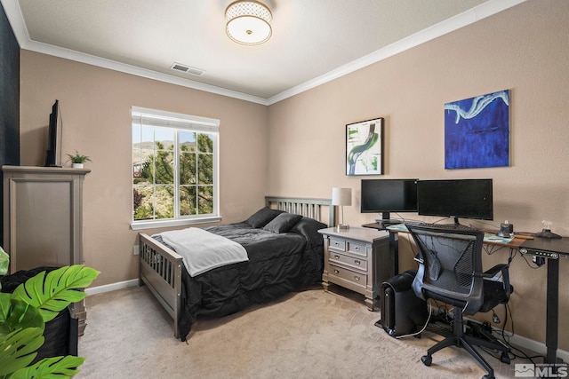 bedroom with baseboards, visible vents, ornamental molding, and light carpet