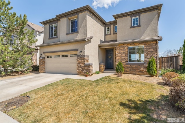view of front of house with fence, stone siding, a garage, stucco siding, and a front yard