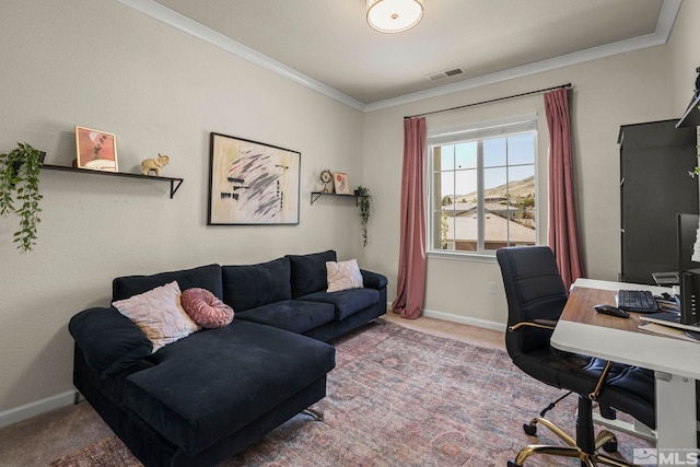 office featuring baseboards, ornamental molding, carpet, and visible vents