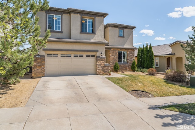 view of front facade featuring an attached garage, stucco siding, stone siding, and concrete driveway