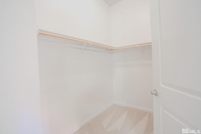 walk in closet featuring light carpet