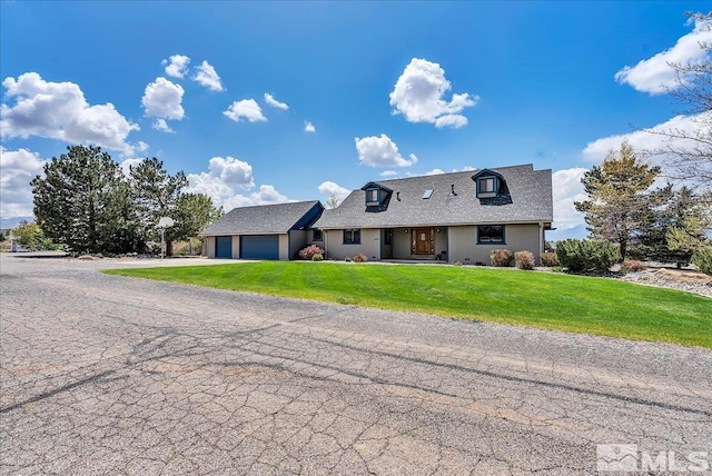 cape cod house featuring a porch, a garage, aphalt driveway, a shingled roof, and a front lawn