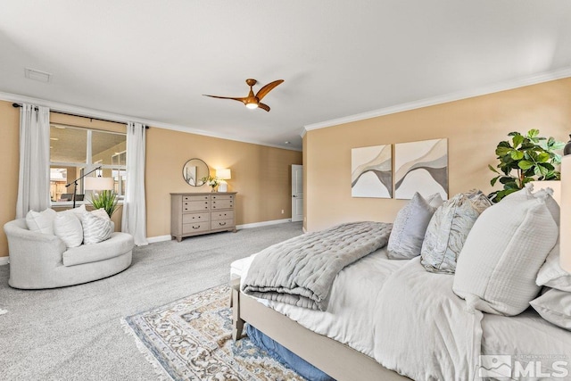 bedroom featuring crown molding, visible vents, baseboards, ceiling fan, and carpet