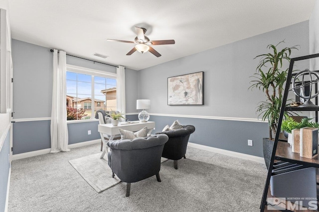 office with baseboards, carpet, and ceiling fan