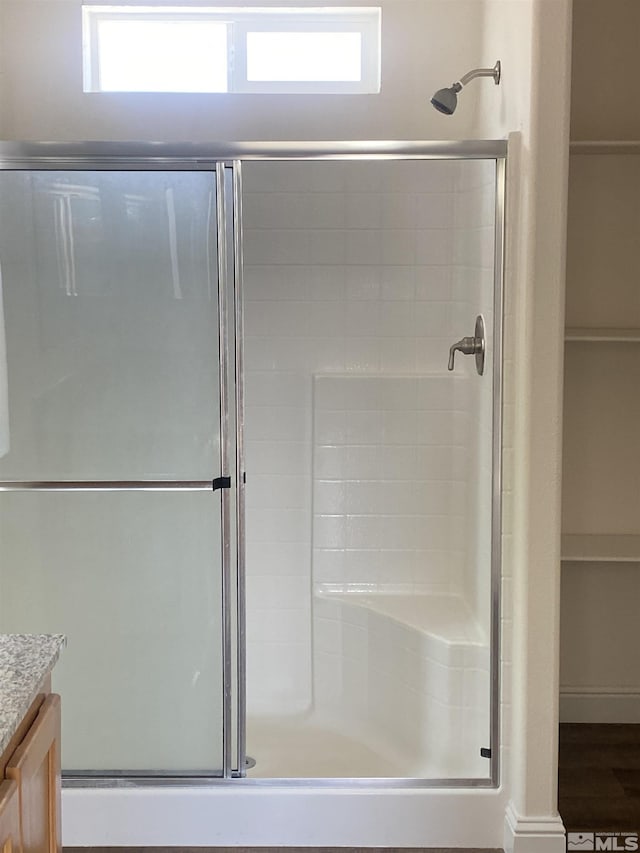 full bath with vanity, a wealth of natural light, and a shower stall