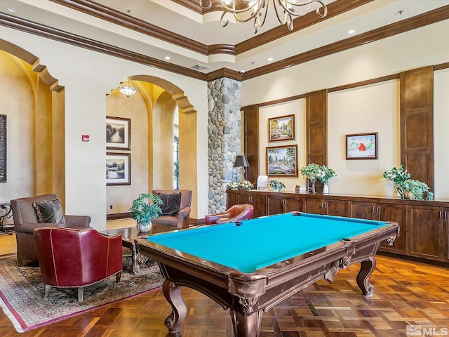 rec room featuring billiards, visible vents, crown molding, arched walkways, and recessed lighting