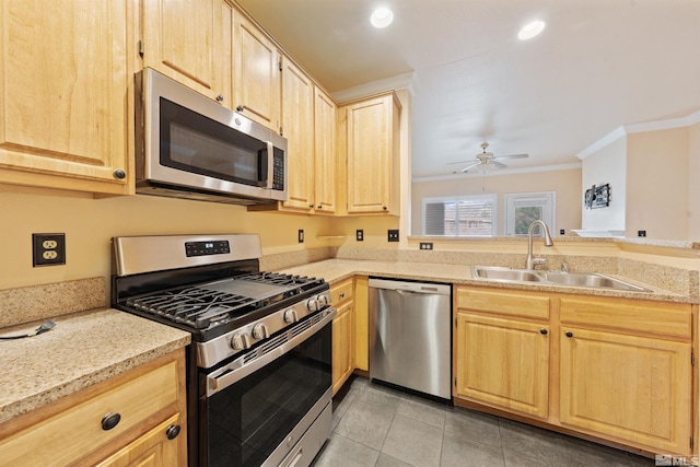 kitchen with crown molding, light brown cabinetry, a sink, light tile patterned floors, and stainless steel appliances