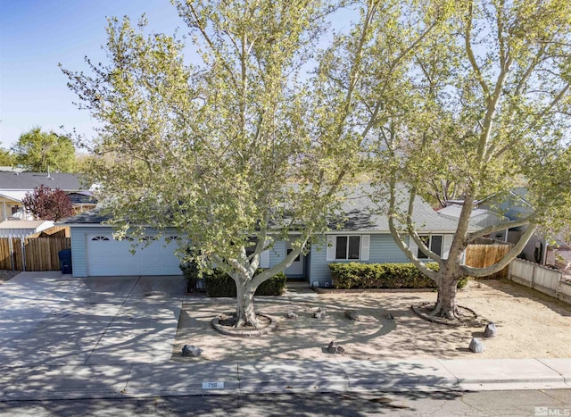 view of property hidden behind natural elements with fence and concrete driveway