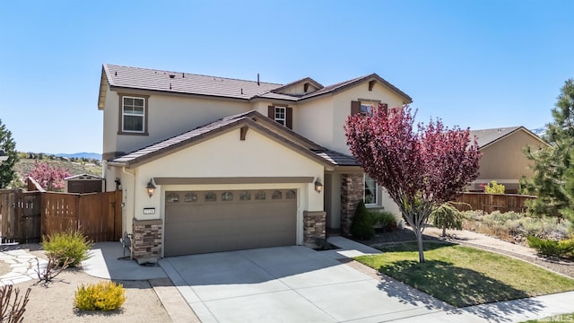traditional-style home with stucco siding, fence, and stone siding