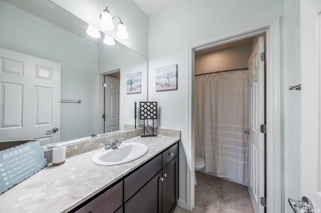 bathroom with toilet, a shower with shower curtain, tile patterned flooring, and vanity