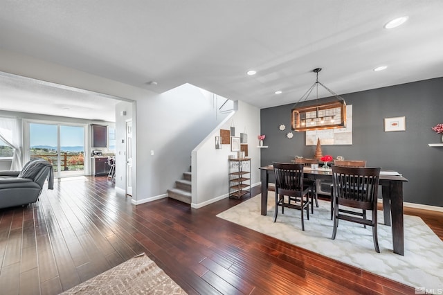 dining area with stairs, recessed lighting, and baseboards