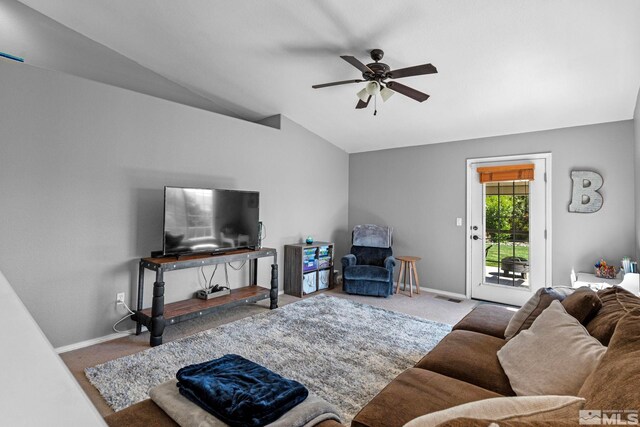 carpeted living room with baseboards, ceiling fan, lofted ceiling, and visible vents