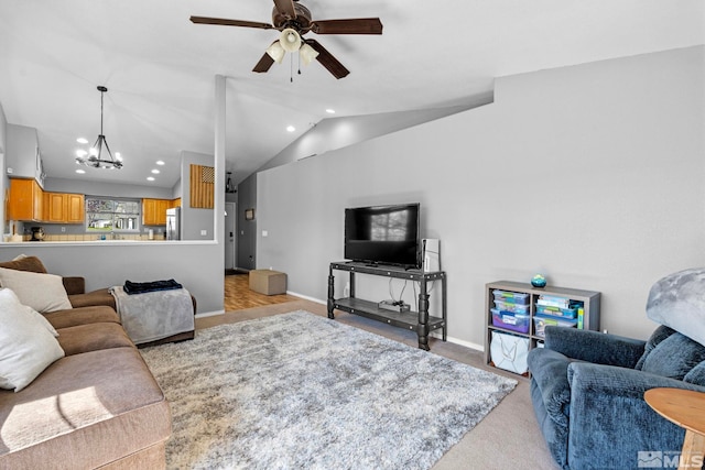 carpeted living room with ceiling fan with notable chandelier, baseboards, vaulted ceiling, and recessed lighting