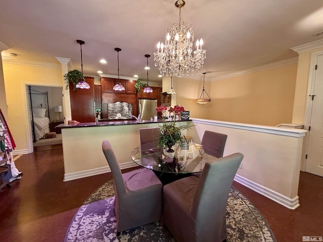 dining space with recessed lighting, baseboards, a chandelier, and ornamental molding