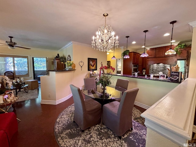 dining area featuring recessed lighting, baseboards, ornamental molding, and ceiling fan with notable chandelier