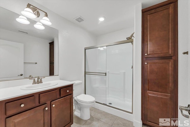 bathroom with visible vents, tile patterned flooring, and a shower stall