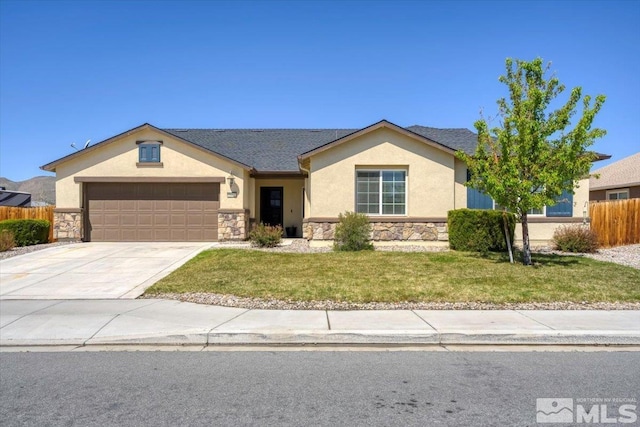 single story home with fence, stucco siding, an attached garage, and stone siding