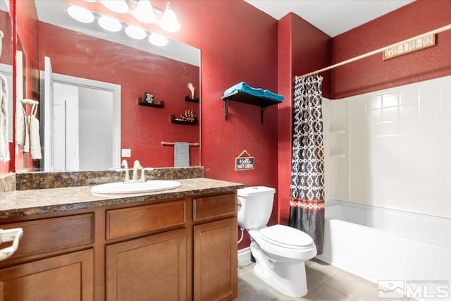 full bath with toilet, shower / tub combo with curtain, tile patterned flooring, and vanity