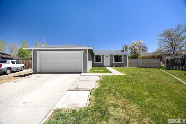 single story home featuring driveway, a front yard, fence, and a garage