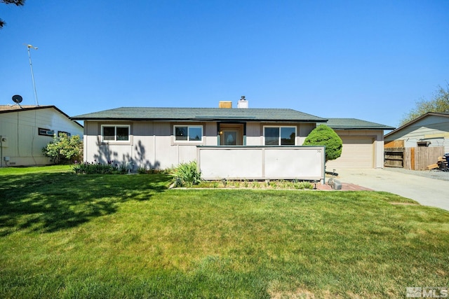 ranch-style home with a chimney and concrete driveway