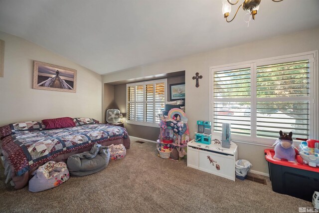 bedroom featuring a chandelier, multiple windows, carpet, and vaulted ceiling