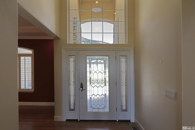entrance foyer featuring dark wood-style floors, a towering ceiling, and baseboards