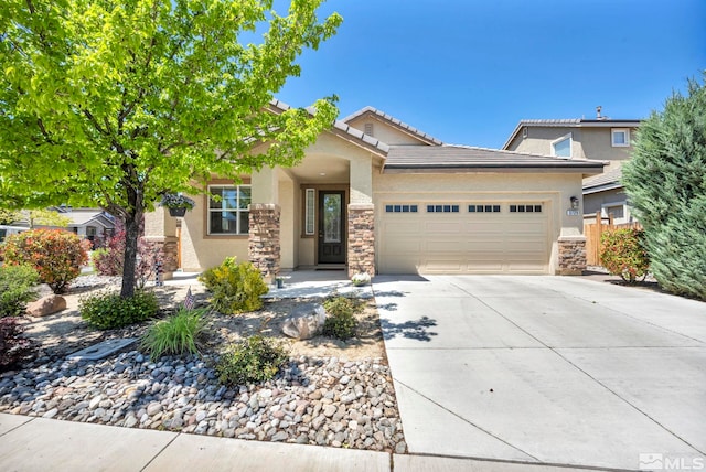 view of front of property with a garage, stone siding, concrete driveway, and stucco siding