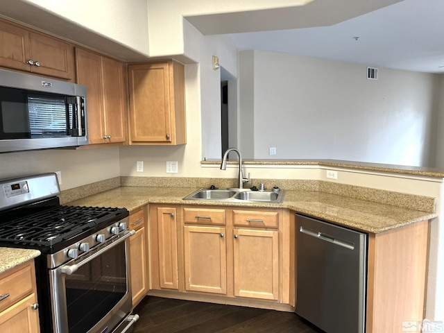 kitchen featuring stainless steel appliances, a peninsula, a sink, dark wood-style flooring, and light stone counters