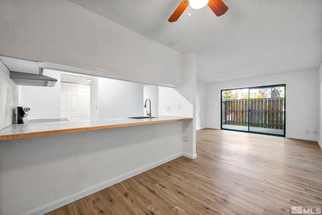 unfurnished living room featuring a sink, wood finished floors, a ceiling fan, a textured ceiling, and baseboards