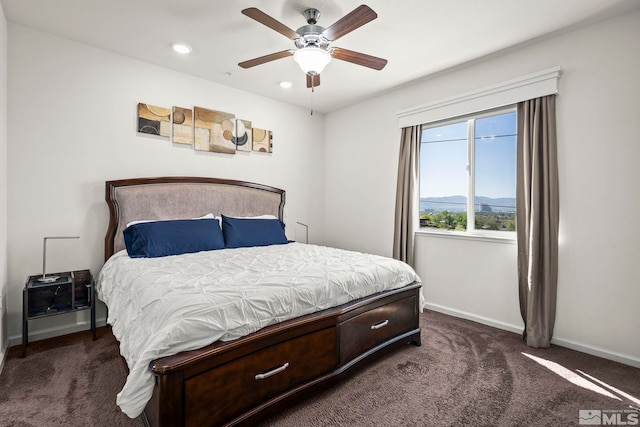 bedroom featuring carpet flooring, baseboards, a ceiling fan, and recessed lighting