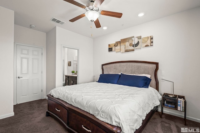 bedroom featuring dark carpet, baseboards, a ceiling fan, recessed lighting, and ensuite bathroom