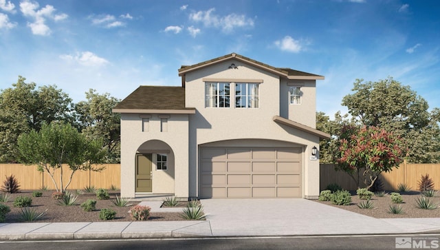 view of front of house featuring fence, an attached garage, stucco siding, and driveway