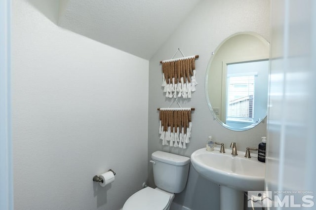 bathroom with toilet, a sink, and vaulted ceiling